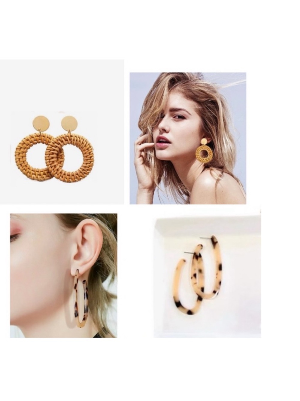 Set of 2 Earrings Handwoven Rattan Round Hoops & Classic Tortoise Long Hoops